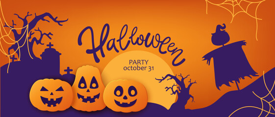 Halloween party poster, invitation, card, holiday banner. Paper art pumpkins, cemetery, scarecrow, web, moon. Funny, cute characters.