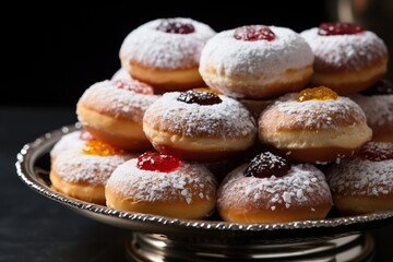Obraz na płótnie Canvas Donuts with red jam and with powdered sugar. Celebrating Hanukkah.