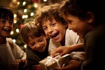 children celebrating Hanukkah. Children rejoice at gifts given for the holiday.