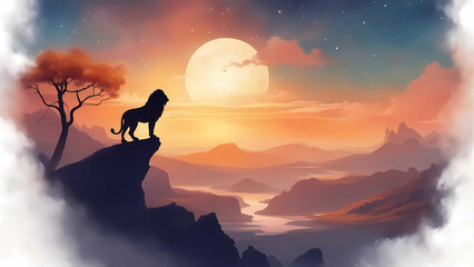 A lion standing on the edge of a cliff and looking at the view below.