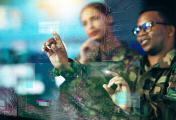 Futuristic screen, hand and people in the army for planning with overlay and global surveillance....
