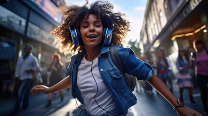 Cool girl listening music through headphones and dancing in the street
