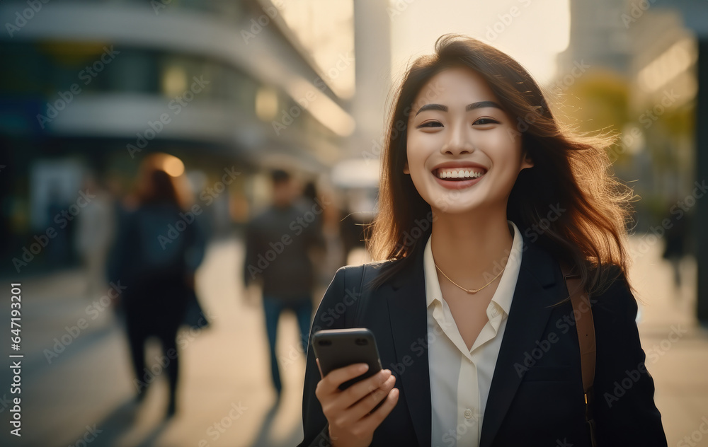 Poster Beautiful Asian business woman holding cell phone in hands are walking on city street