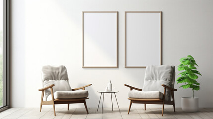 Interior mockup with portrait frame on wall high key