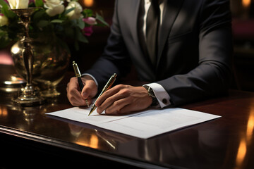 Obraz na płótnie Canvas Lawyer hands signing divorce papers inform of upset client
