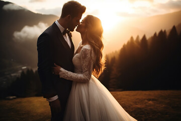 The bride and groom kiss tenderly. Modern wedding in the mountains