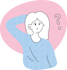 Emotion of surprise, thoughtfulness, misunderstanding. Surprised girl with a question mark. cute cartoon character illustration in flat vector style.