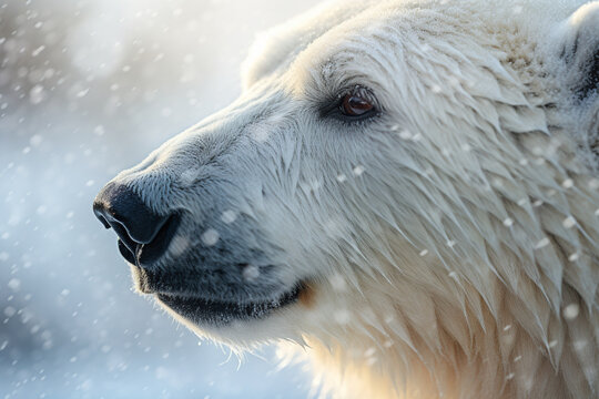 Generative AI image of side view of polar bear with white fur and brown eyes looking away while standing against snowy landscape in the Arctic