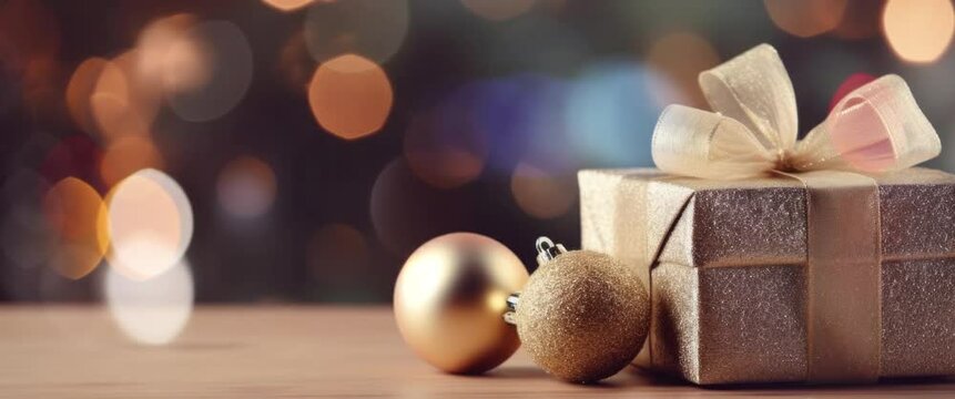 Anamorphic Video Gift Box and Ball on Bokeh Background. Beautiful 3d Cartoon Animation. Animated Greeting Card New Years Eve.