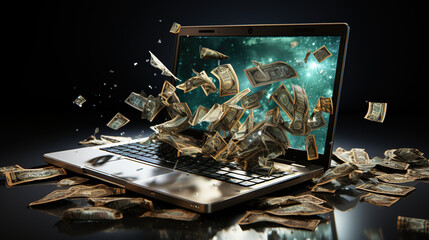 us dollar bills flying out of laptop, work online concept. - obrazy, fototapety, plakaty
