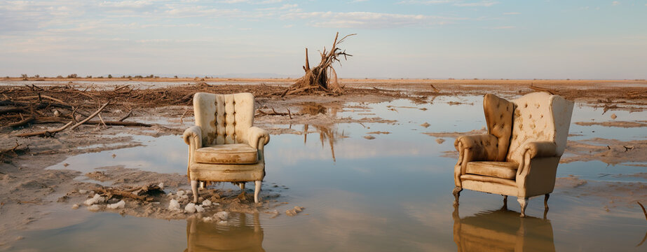 Generative AI illustration of two armchairs in the middle of an empty field full of mud and bushes after a flood in blurred background