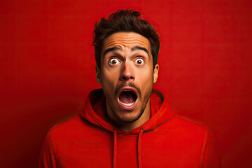 young man expressing surprise and shock emotion with his mouth open and wide open eyes. isolated on red background