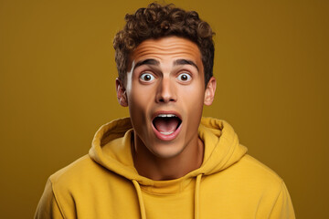 young man expressing surprise and shock emotion with his mouth open and wide open eyes. isolated on yellow background