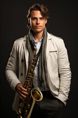 Fototapeta premium young man playing an alto sax on a white background