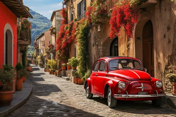 Fototapeten red old vintage car in a italy street © Animaflora PicsStock