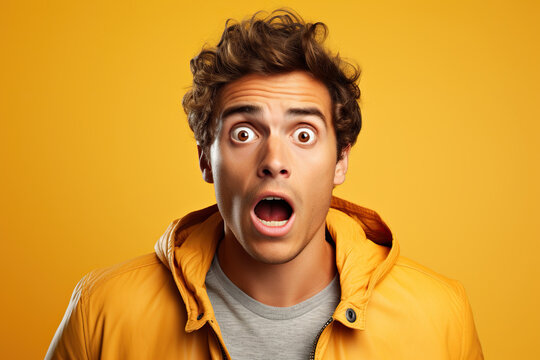 young man expressing surprise and shock emotion with his mouth open and wide open eyes. isolated on yellow background
