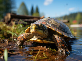 Fototapeta premium Lakeside dock a small pet turtle