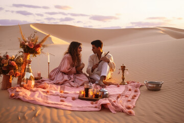 A romantic couple enjoys a picnic on a sandy desert beach at sunset, savoring their love and togetherness during a memorable vacation.