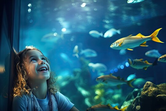 Excited children and families explore the wonders of marine life through the glass walls of the aquarium.