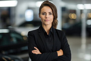 Woman Guard On Defocused Background Automotive Dealerships . Сoncept Women In Automotive Dealerships, The Importance Of Security In Car Dealerships, Background Blur Photography Techniques