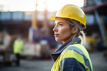 Woman Guard On Defocused Background Construction Sites . Сoncept Working Women In Construction, Construction Site Safety Concerns, Gender Equality In The Workforce