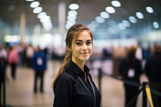 Woman Guard On Defocused Background Convention Centers . Сoncept Guard Duty At Convention Centers, Women In Leadership Roles, Diversity In The Work Place, Security And Onsite Safety