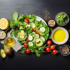 Plate with healthy green salad with lettuce, avocado, nuts and olive oil salat dressing with lemon, top view - obrazy, fototapety, plakaty