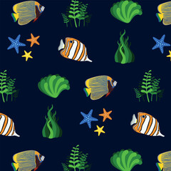 Pattern with different fish and starfish on a blue background
