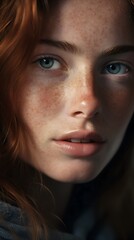 Close-Up Portrait of Woman with Striking Blue Eyes, Captivating Gaze, 25 years old, Generative AI
