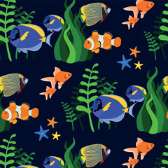 Fototapeta na wymiar Pattern with different fish, algae on a dark blue background