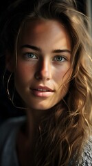 Close-Up Portrait of Woman with Striking Blue Eyes, Captivating Gaze, 28 years old, Generative AI