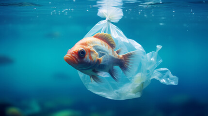 Fish caught in a plastic bag, disaster for wildlife animals, pollution of the environment and ecosystem, trash in the ocean