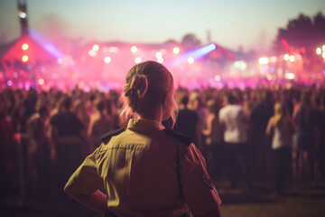 Woman Guard On Defocused Background Music Festivals. Сoncept Womens Security, Music Festivals,...