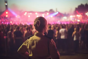 Fotobehang Woman Guard On Defocused Background Music Festivals. Сoncept Womens Security, Music Festivals, Background Music, Defocused Imagery © Anastasiia