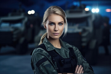 Woman Guard On Defocused Background Military Bases . Сoncept Women In The Military, Defocused Background Photography, Military Base Security, Women As Security Guards