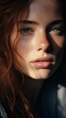 Fototapeta premium Close-Up Portrait of Woman with Striking Blue Eyes, Captivating Gaze, 22 years old, Generative AI