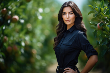 Woman Guard On Defocused Background Orchards . Сoncept Female Security Guards, Defocused Image...