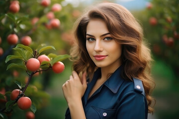Fototapeta na wymiar Woman Guard On Defocused Background Orchards . Сoncept Women In The Armed Forces, Focusing Techniques In Photography, Orchard Farming, Female Empowerment