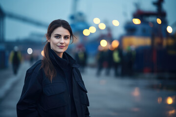 Fototapeta premium Woman Guard On Defocused Background Piers And Docks . Сoncept Women In Uniform, Docks And Piers, Defocused Photography, Cultural Representation