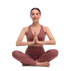Beautiful young woman practicing yoga on white background. Lotus pose