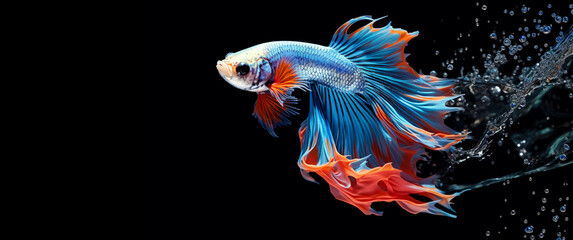 Colorful Betta fish or Siamese fighting fish isolated on black background while swimming in an...