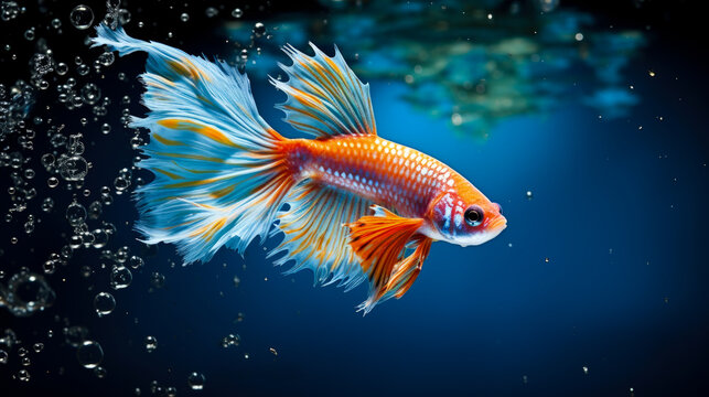 Colorful Betta fish or Siamese fighting fish isolated on black background while swimming in an aquarium.