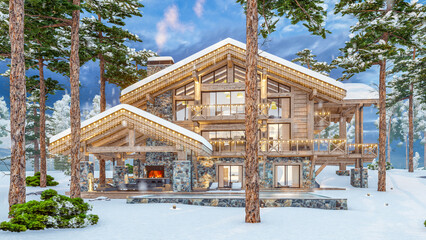 Fototapeta na wymiar 3D rendering, architecture, beams, Christmas, building, chalet, cold, concept, Holidays, animation, country, video, evening, new year, night, estate, expensive, forest, home, house, fly, ice, walk, la