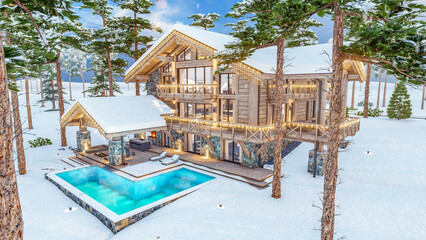 3D rendering, architecture, beams, Christmas, building, chalet, cold, concept, Holidays, animation, country, video, evening, new year, night, estate, expensive, forest, home, house, fly, ice, walk, la