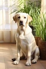 Golden Retriver sitted over a Wooden Floor Inside a Modern Interior House full of Plants.