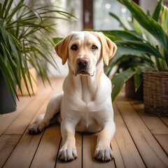 Golden Retriver sitted over a Wooden Floor Inside a Modern Interior House full of Plants.