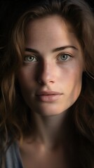 Fototapeta premium Close-Up Portrait of Woman with Striking Blue Eyes, Captivating Gaze, 32 ears old, Generative AI