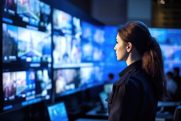 Woman Guard On Defocused Background Television Broadcasting Centers . Сoncept Tv Broadcast Security, Women In Security, Showing Authority, Defocused Backgrounds