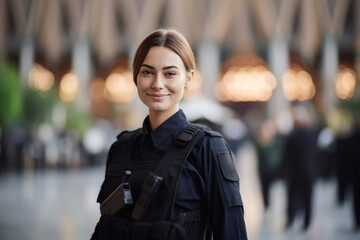 Fototapeta premium Woman Guard On Defocused Background Temples And Mosques. Сoncept Women In Guards, Temples And Mosques, Defocused Backgrounds, Representation Of Religion
