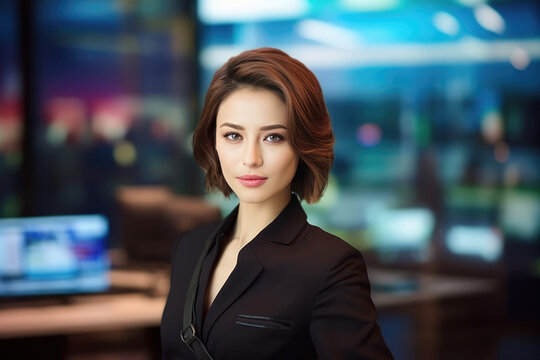 Woman Guard On Defocused Background Television Broadcasting Centers . Сoncept Woman Guards As Protectors, Defocussed Backgrounds In Television, Tv Broadcasting Centers, Women In Security Services